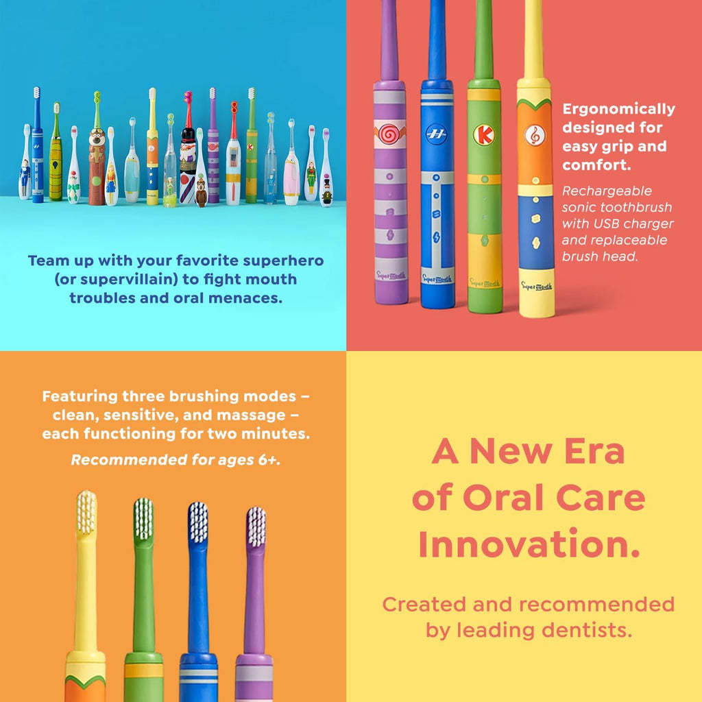 SuperMouth Smile Sidekick Sonic Toothbrush for Kids – Rechargeable, 3 Brushing Modes, Ultra-Soft Bristles, 2-Min Timer, Replaceable Brush Head – Includes Augmented Reality Sticker to Teach Brushing