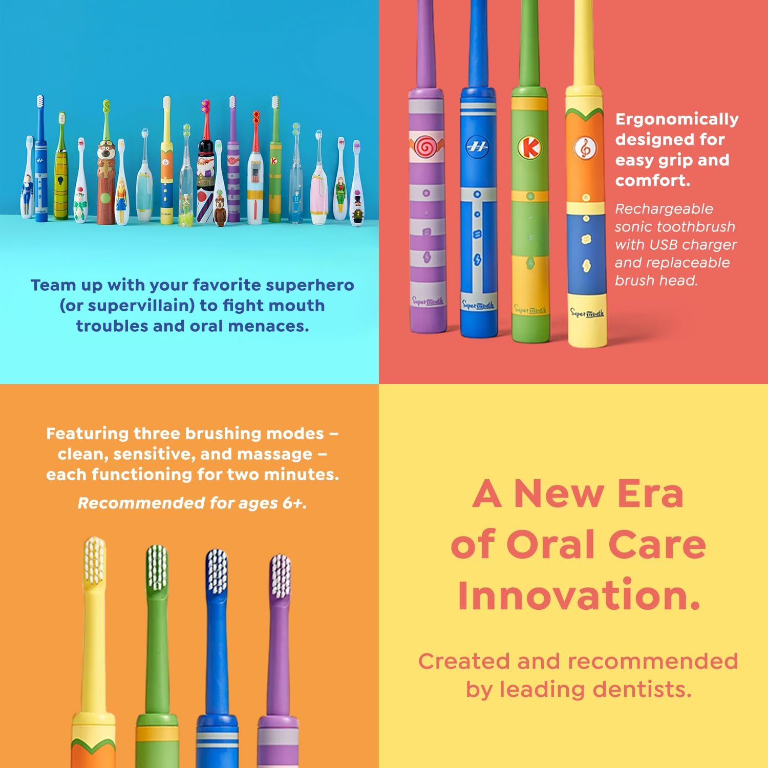 SuperMouth Smile Sidekick Sonic Toothbrush for Kids – Rechargeable, 3 Brushing Modes, Ultra-Soft Bristles, 2-Min Timer, Replaceable Brush Head – Includes Augmented Reality Sticker to Teach Brushing