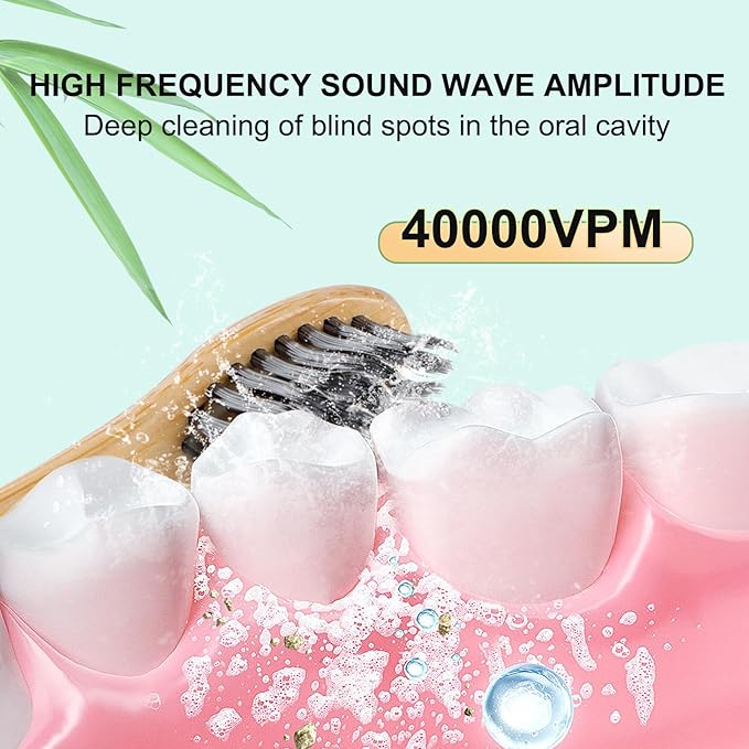 Sonic Bamboo Electric Toothbrush for Adults - Rechargeable Electric Bamboo Toothbrush -4 Pack Soft Brush Heads-Plant-Based Bristles | 5 Cleaning Modes Long-Lasting Battery