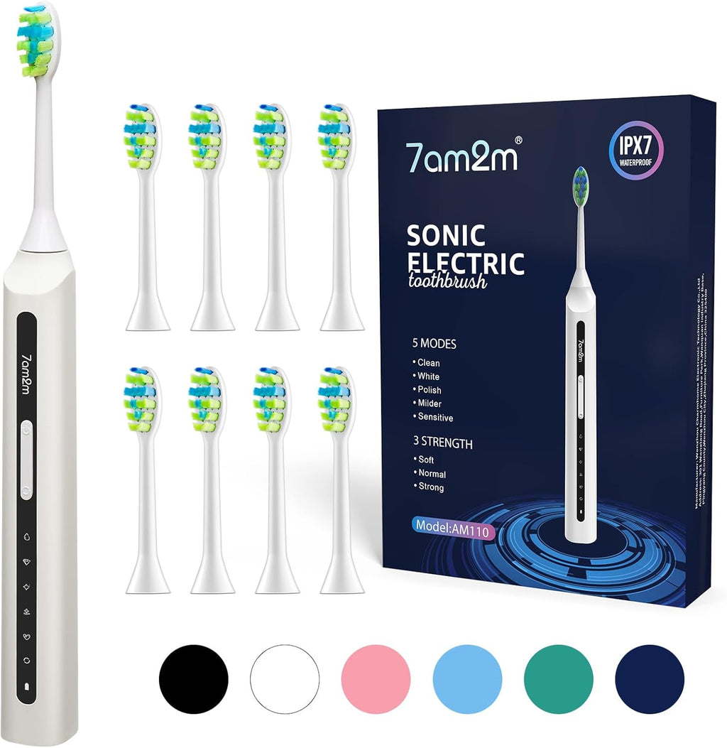 7AM2M Sonic Electric Toothbrush, High Power Rechargeable Toothbrushes, with 8 Brush Heads for Adults and Kids, 15 Adjustable Modes, Built-in 2-Minute Smart Timer, 4 Hours Fast Charge(White)