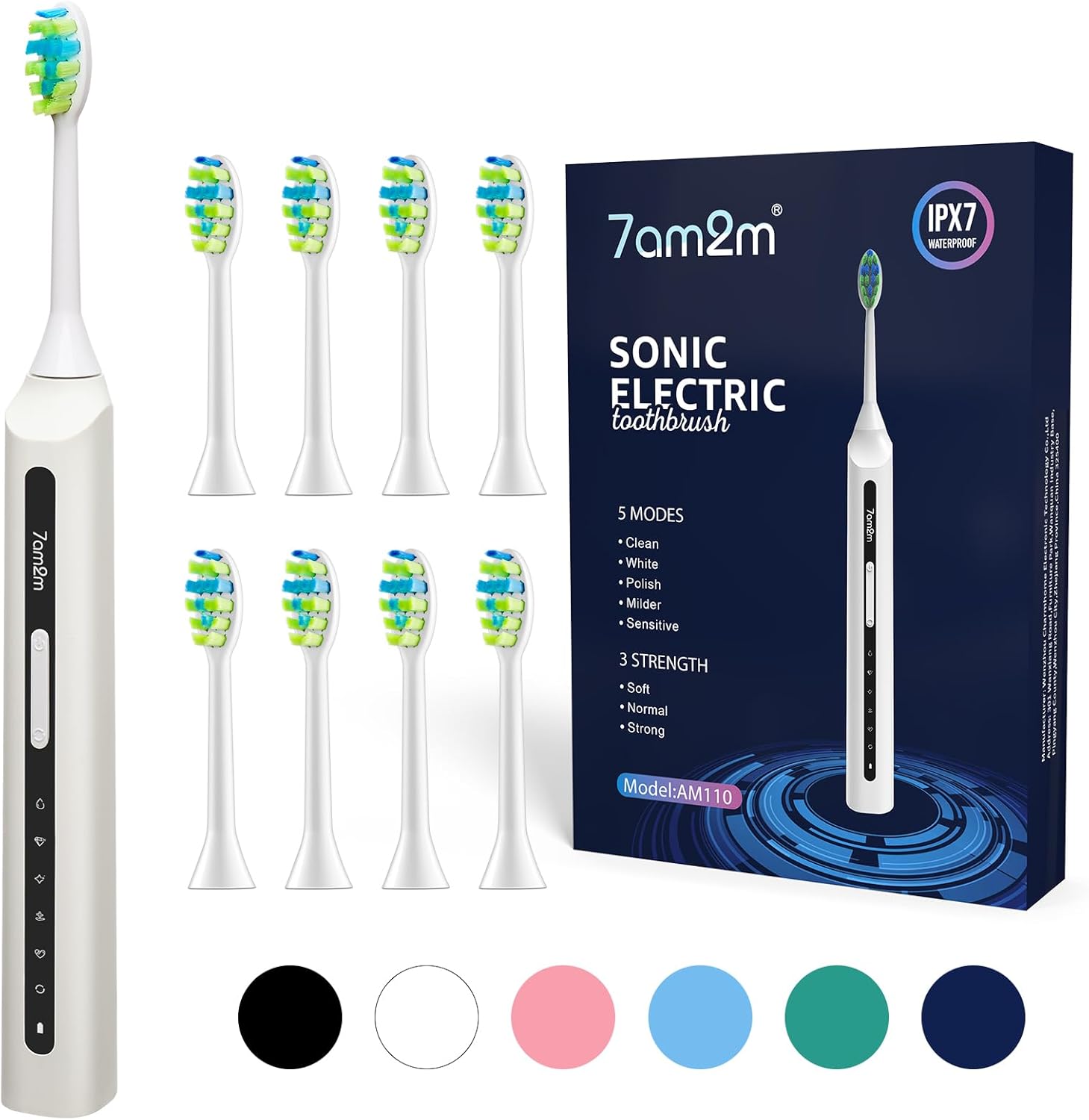 7AM2M Sonic Electric Toothbrush, High Power Rechargeable Toothbrushes, with 8 Brush Heads for Adults and Kids, 15 Adjustable Modes, Built-in 2-Minute Smart Timer, 4 Hours Fast Charge(White)