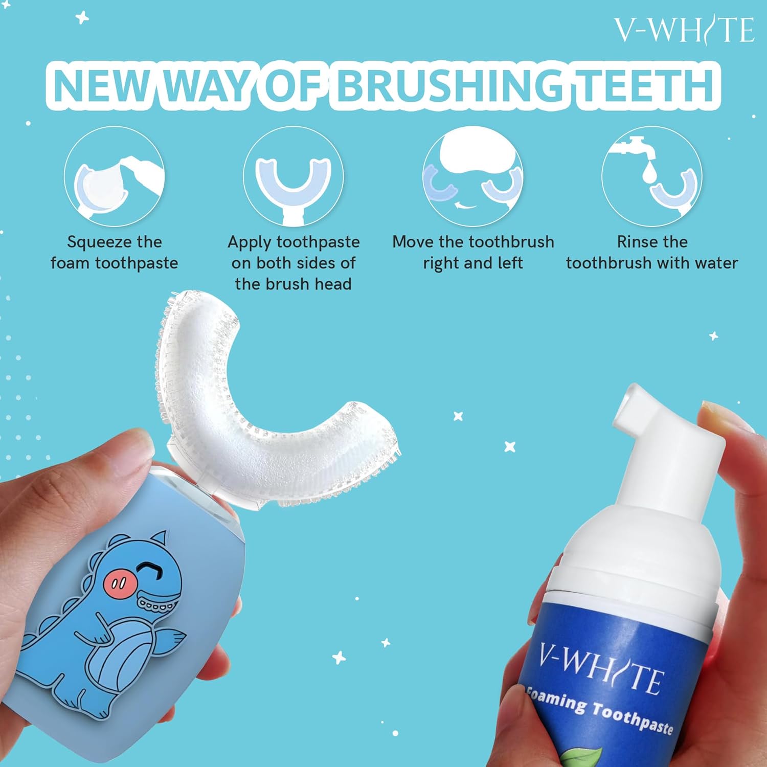 V-White Foam Teeth Whitening Toothpaste - Organic Toothpaste Fluoride Free, Alcohol Free, pH Balanced - Deep Cleansing, Stain Removal, Travel Friendly, for Kids & Adults (Large, Blueberry)