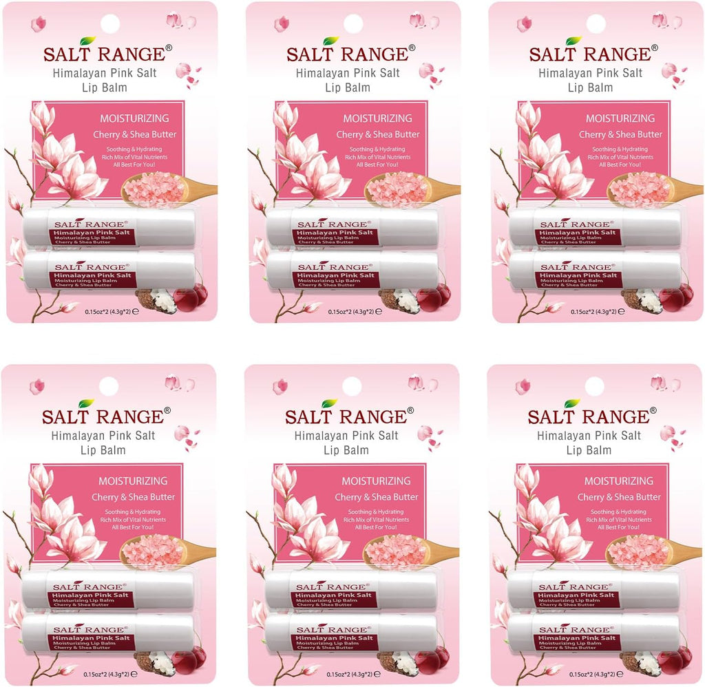 Salt Range Lip balm formulated with cherry and shea butter, 100% natural, soothing, hydrating, and deeply nourishing, Organic chapstick, 6-count pack (12 pieces total)