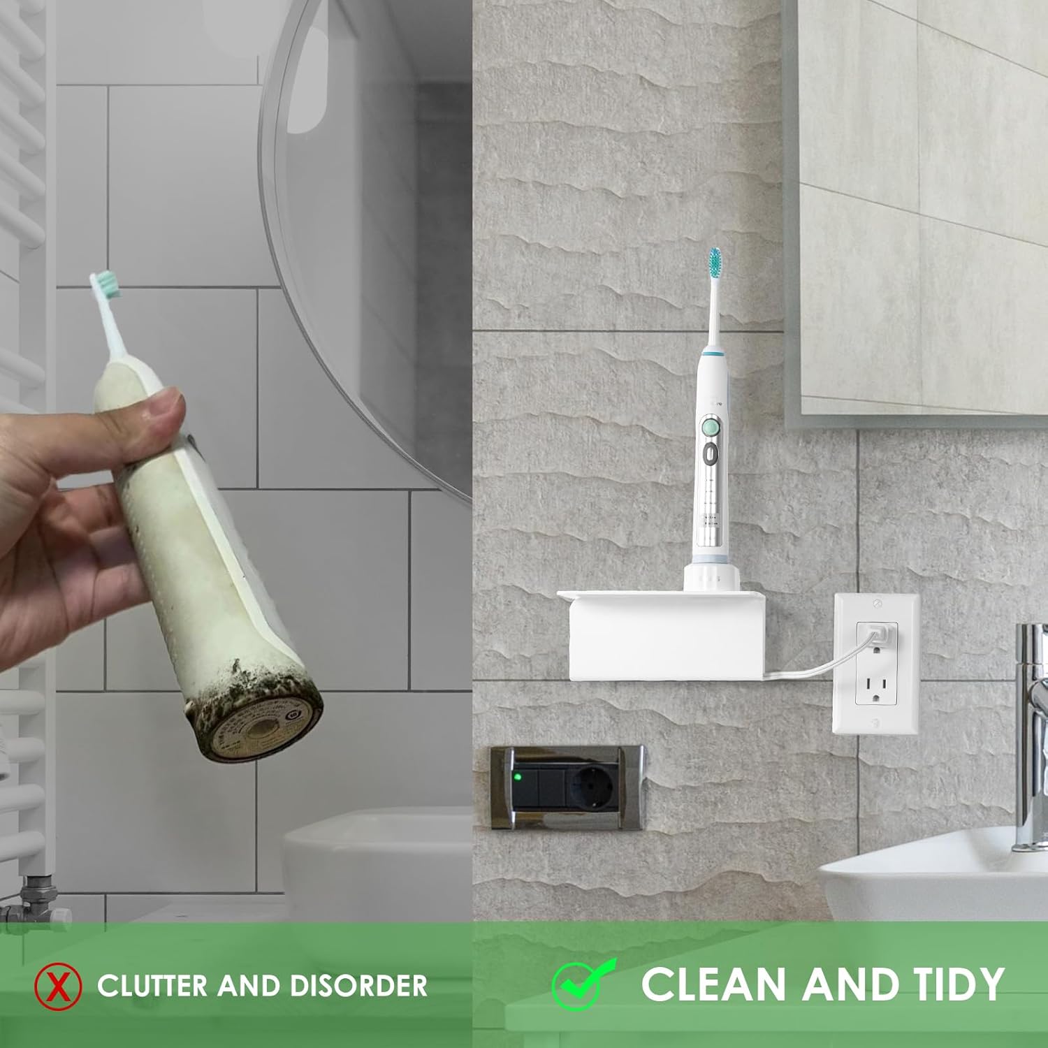 Acrylic Electric Toothbrush Holder for Bathroom, Wall Mounted Electric Toothbrush Holder with Hidden Cable Management, Space-Saving and Convenient for Charging -White-2P