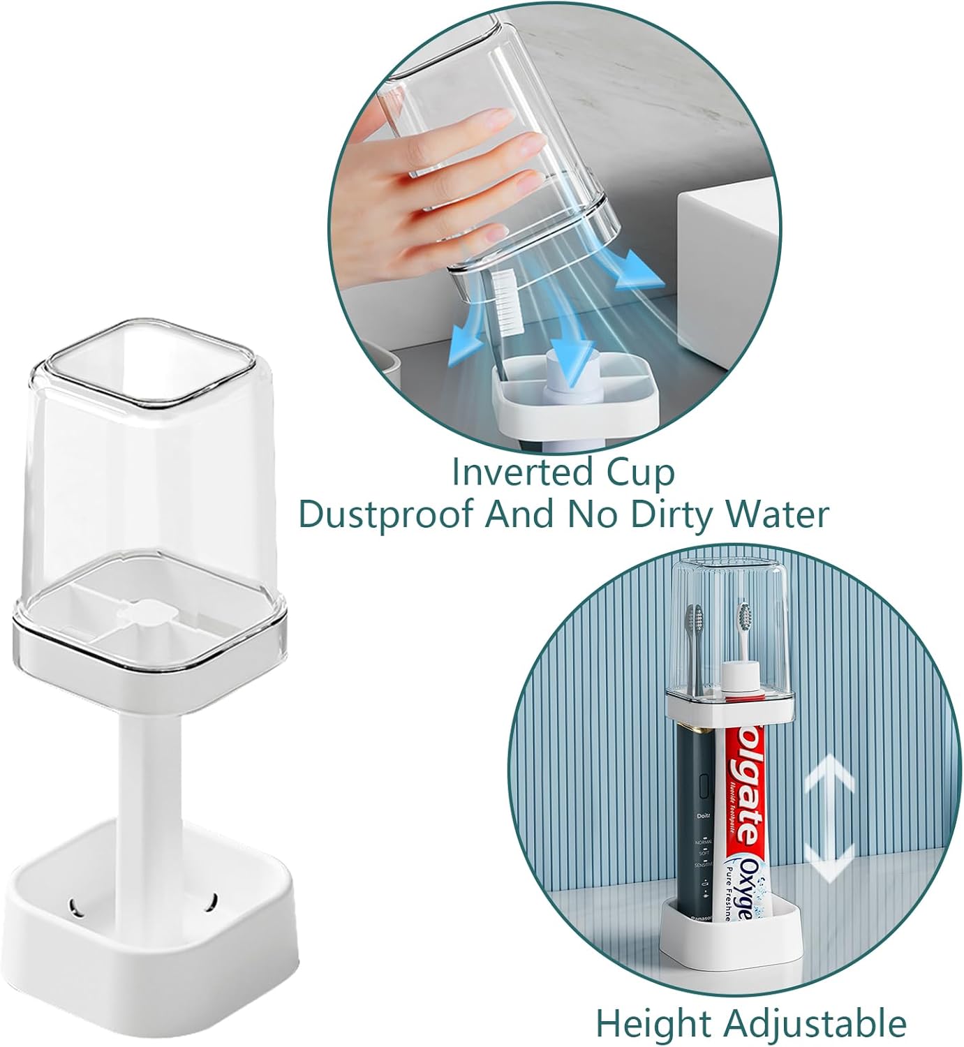 Toothbrush Holder with Cup/Cover, 3 Slots Toothpaste Holder Stand for Bathroom Countertop Plastic Storage Organizer for Toothbrushes, Electric Toothbrushes (White)