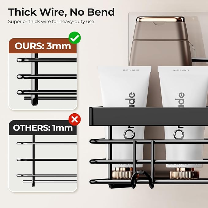 Orimade Shower Caddy with 5 Hooks for Hanging Razor and Sponge Adhesive Shower Shelf Basket Bathroom Storage Organizer Kitchen Rack No Drilling Stainless Steel Rustproof - 2 Pack,Black