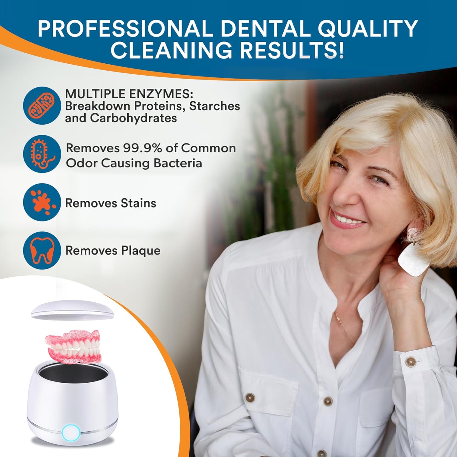 Ultrasonic Denture Cleaner - Denture Cleaner for All Types of Dentures - Denture Cleaning Solution Removes Stains, Plaque, Grime, and Build-up (16 Ounces)