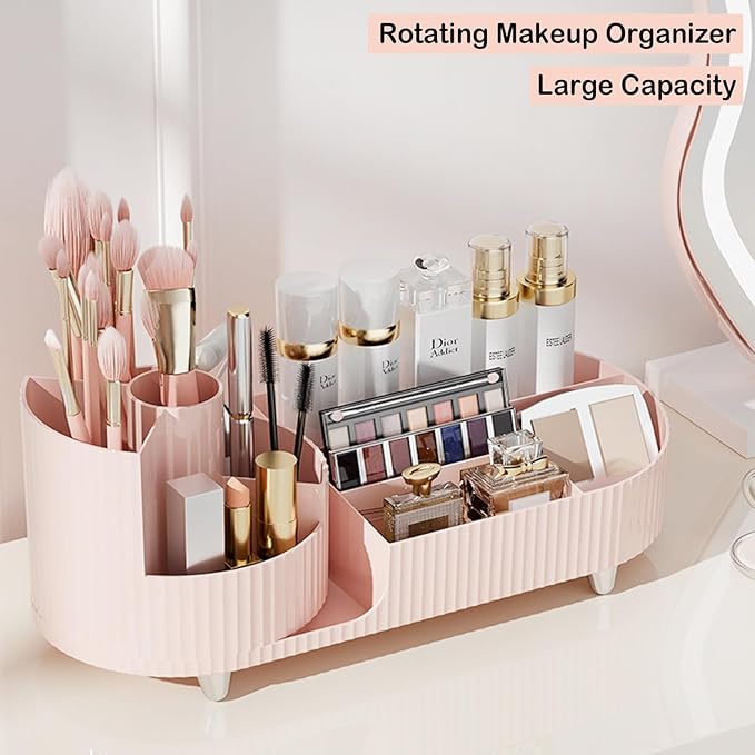 Pink Rotating Vanity Organizer with Brush Holder - Large Spinning Cosmetic Storage, Countertop Makeup & Skincare Organizer, Perfume & Lotions Display Case
