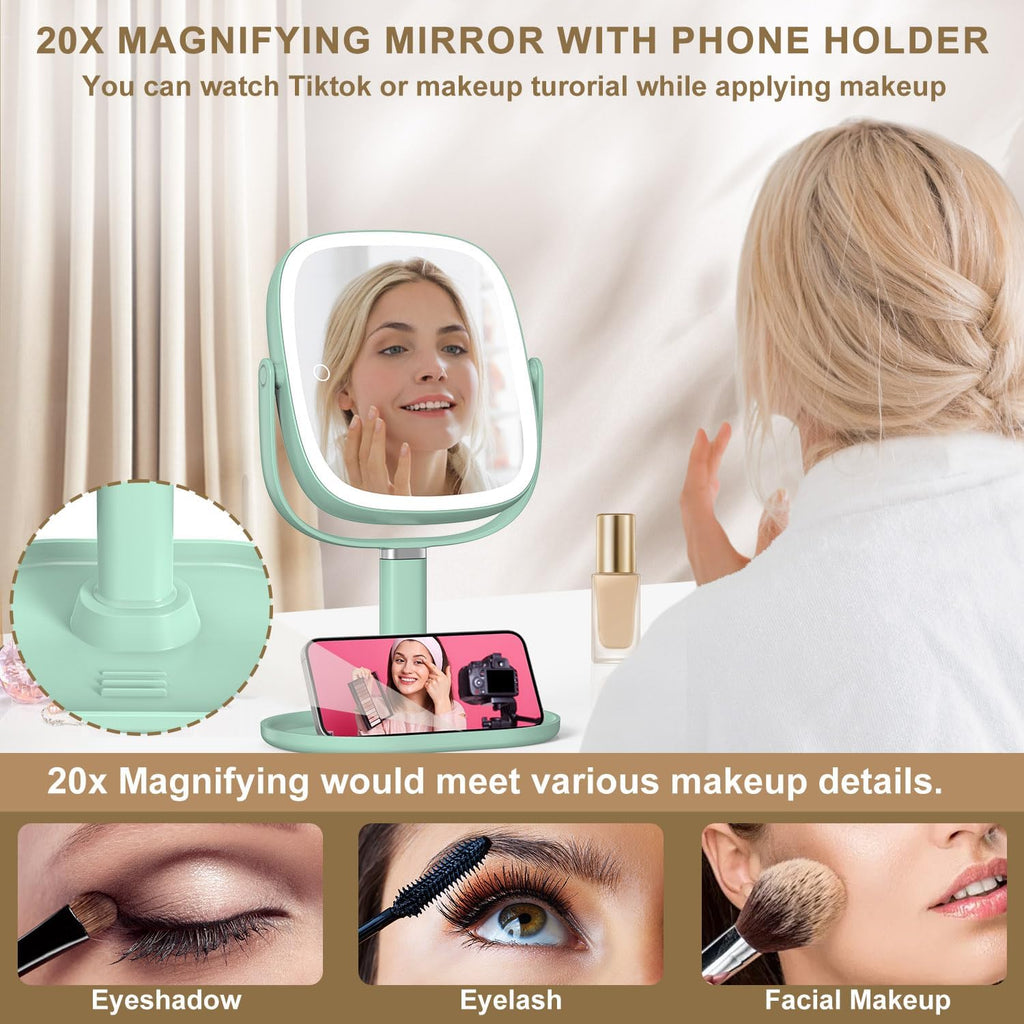 Mocado Makeup Mirror with Lights, 1X/20X Magnifying Mirror with Light, Vanity Mirror with 3 Colors Lights, Height Adjustable Lighted Makeup Mirror, Double Sided 360°Rotation, Memory Function (Green)