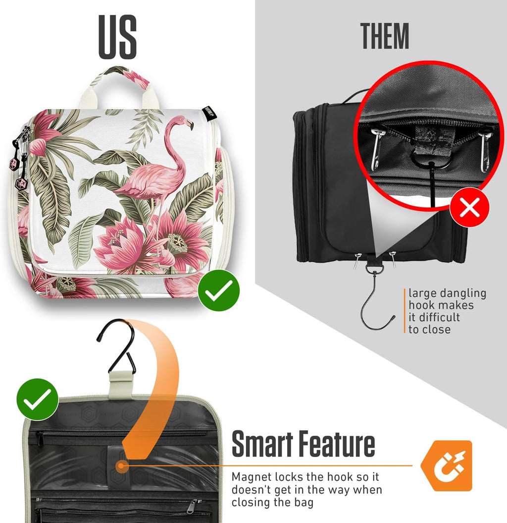 VENTURE 4TH Hanging Travel Toiletry Bag for Women & Men - Travel Organizer with Expandable Compartments & Removable Clear Pouch for Toiletries (Pink Flamingo)