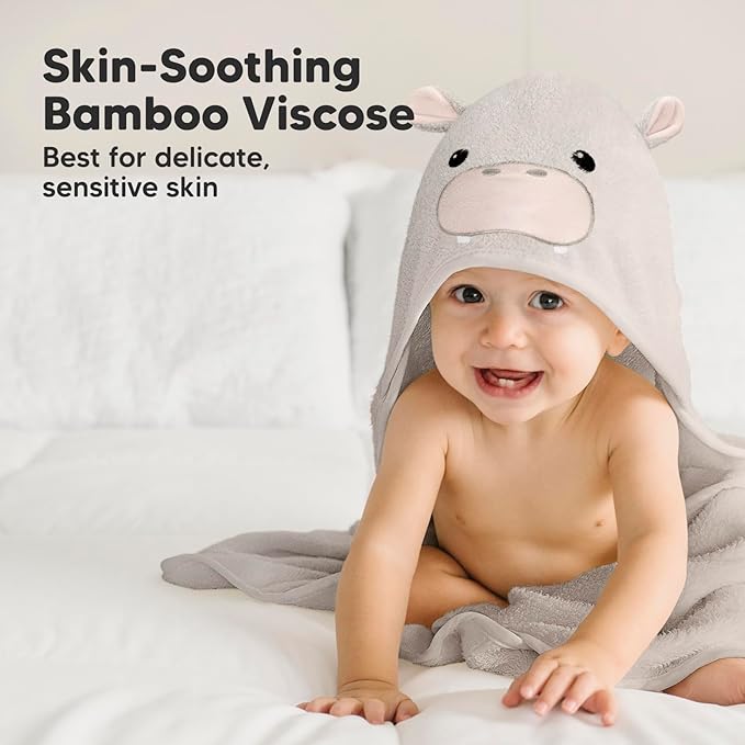 KeaBabies Hooded Baby Towel for Newborn - Viscose Derived from Bamboo Large Baby Bath Towels with Hood for Boys, Girls, Toddler, Extra Absorbent & Soft Newborn Bath Essentials (Hippo, Regular)