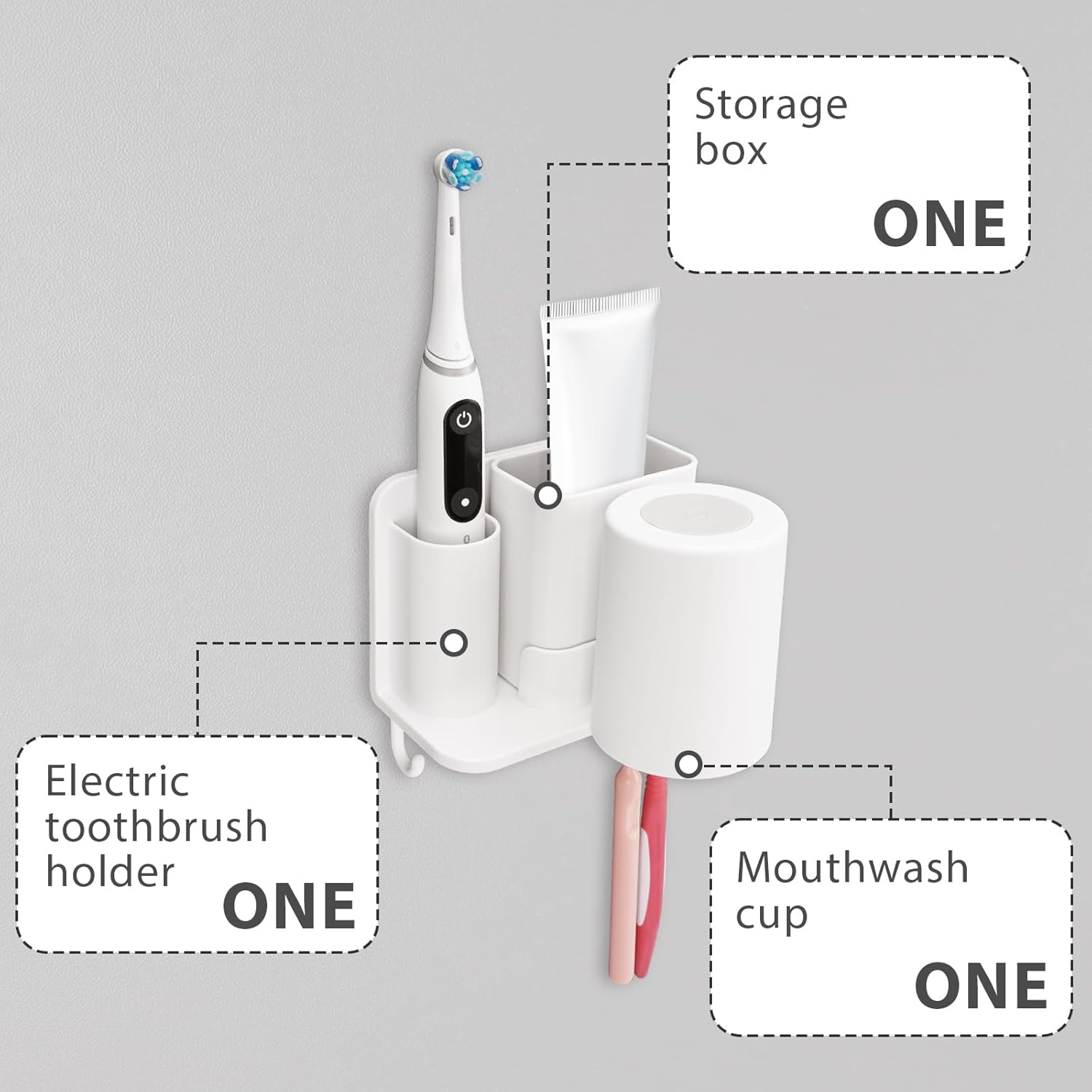 Toothbrush Holders with Mouthwash Cup Wall Mounted for Bathrooms, 2 Slots Bathroom Organizer for Toothpaste, Electric Toothbrush, Razor, Floss, Self Adhesive Toothbrush Hanger Storage for Shower