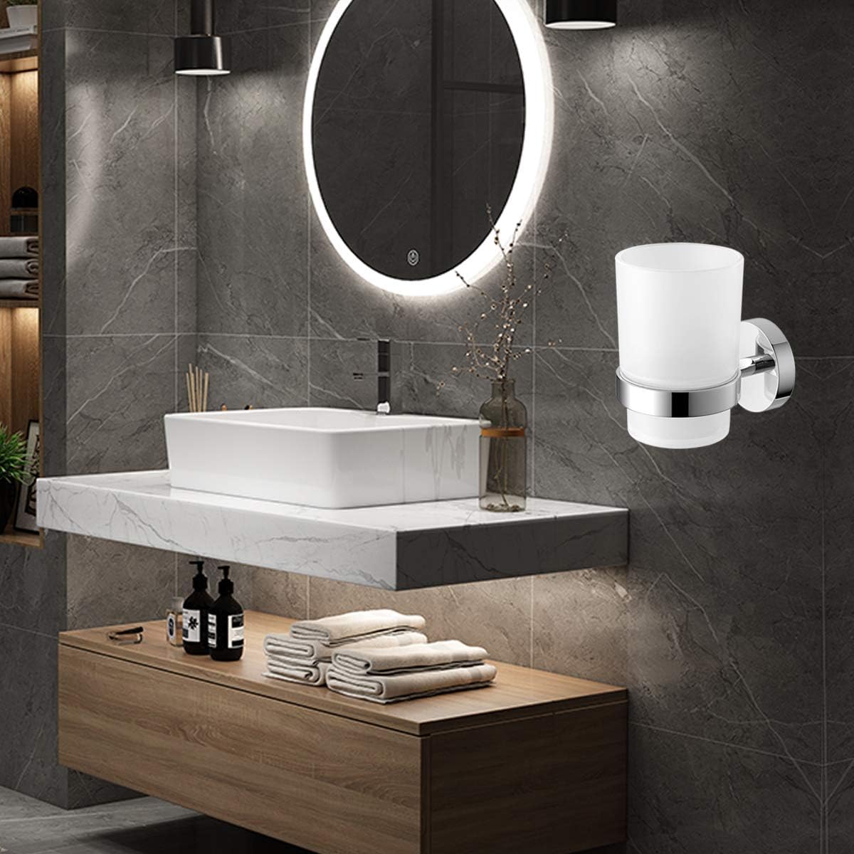 Toothbrush Holder Wall Mounted with Satined Cup with Chrome-Plated Holder,Metal Stainless Steel (Pack of 2)