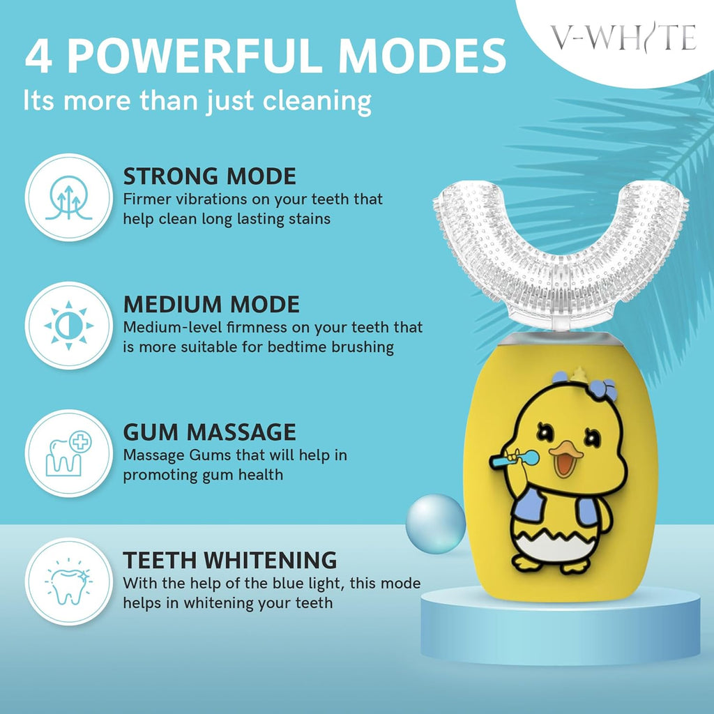 V-WHITE Ultrasonic U-Shaped Toothbrush For Teeth Whitening, Electric Toothbrush - 360° Mouth Cleansing, Hands Free Gums Protection - Wireless Charging - Waterproof IPX7 Certified (YELLOW - KIDS, KIDS)