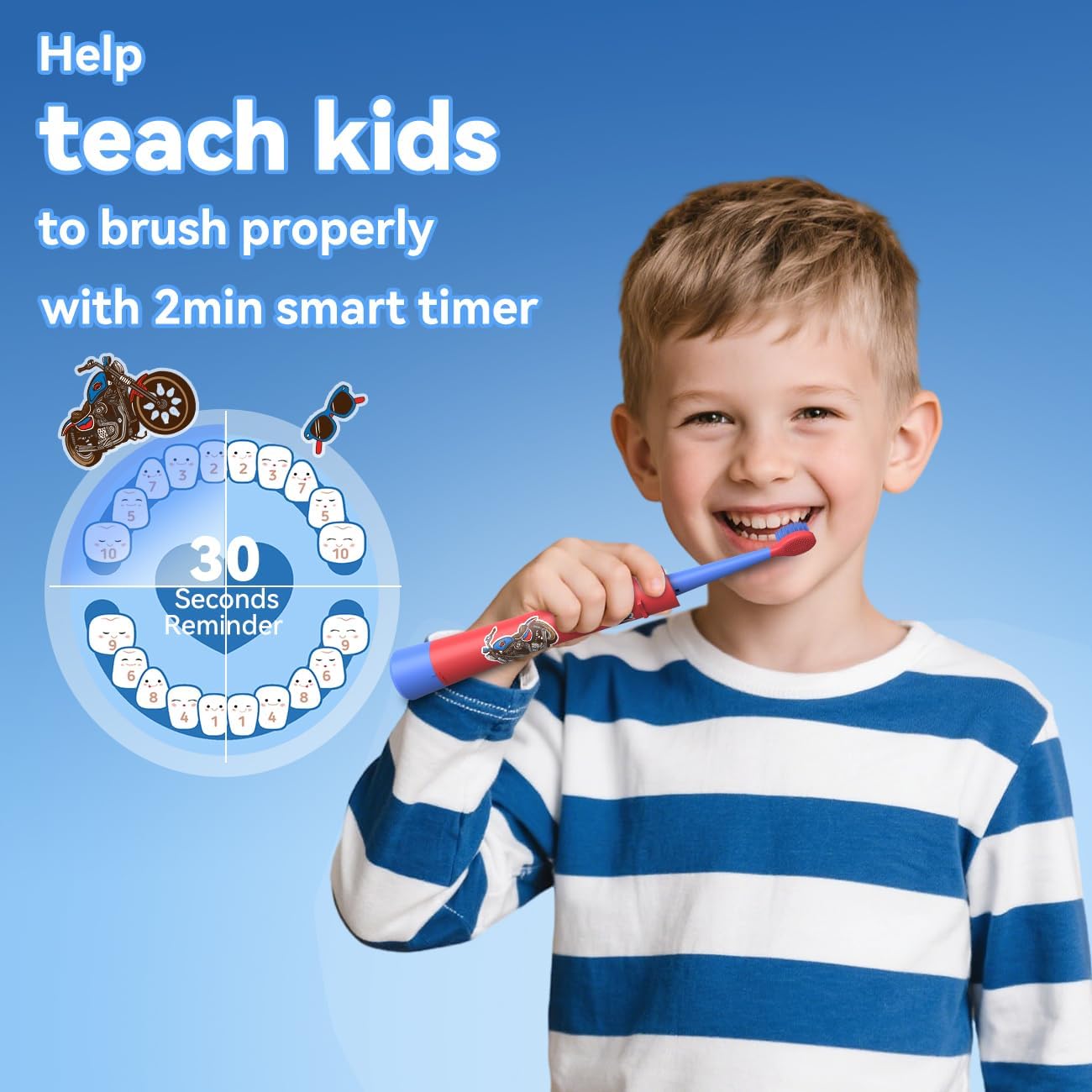 JTF Kids Electric Toothbrush Rechargeable: Sonic Tooth Brush with Smart Timer 5 Brushing Modes 4 Soft Small Brush Heads DIY Sticker and IPX7 Waterproof, Portable Children Toothbrushes for Boy, Ages 3+