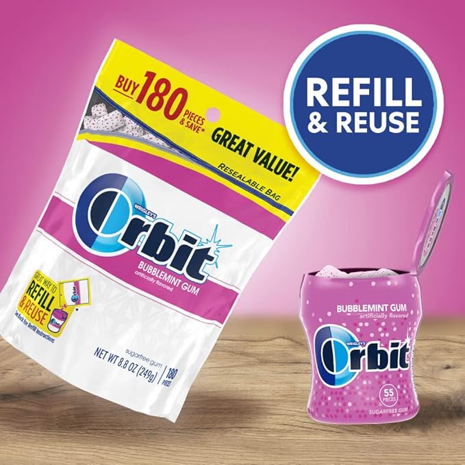 ORBIT Bubblemint Sugar-Free Chewing Gum Bulk Pack, 2 Bags - 180 Pieces & 2 Bottles - 55 Pieces Bubble Gum