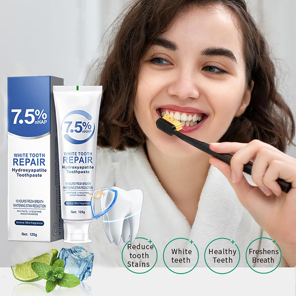 White Tooth Repair Hydroxyapatite Toothpaste, 7.5% nHAP, Mint Fragrance, 16 Hours Fresh Breath, 120g (4PACK, Mint+Fruit Flavor)
