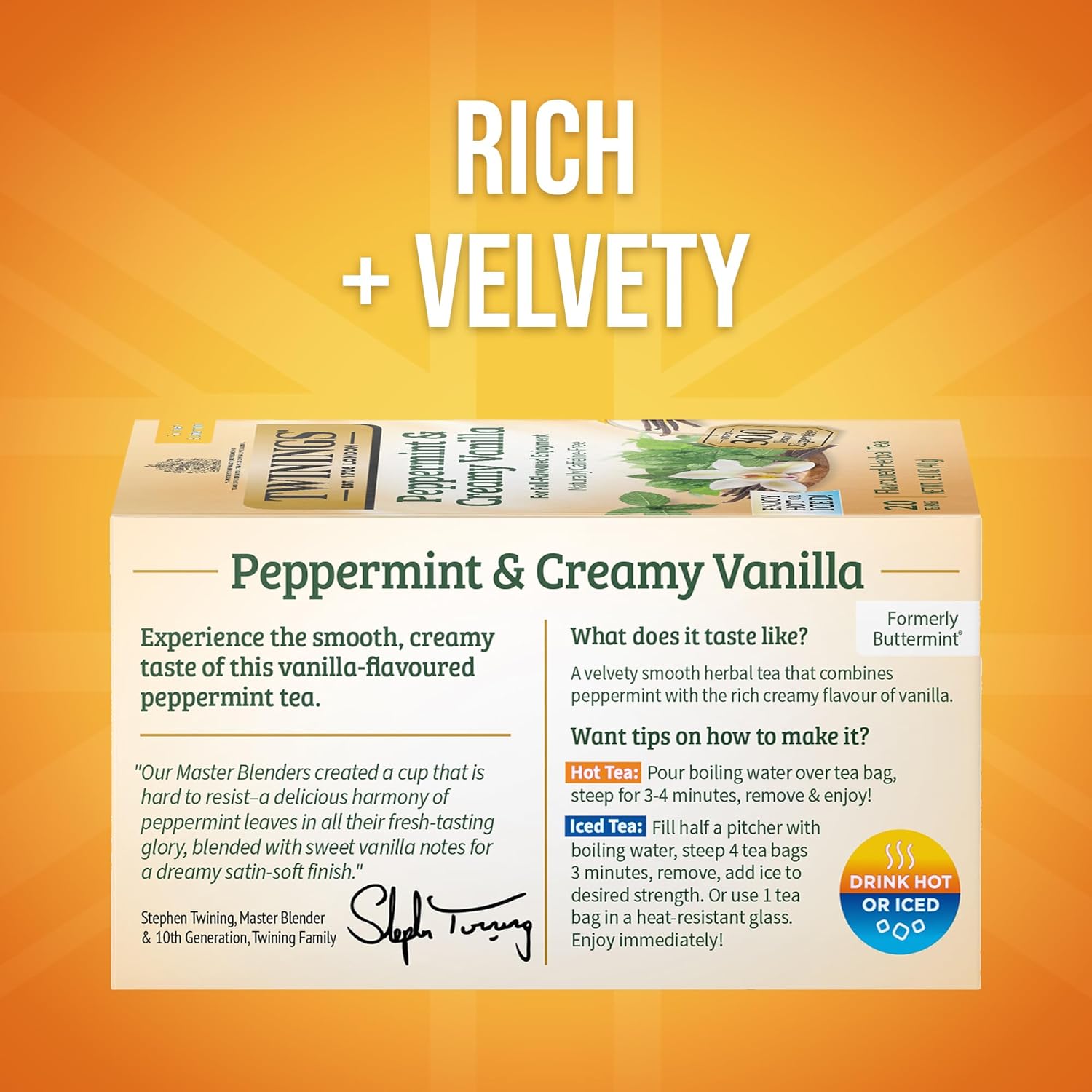 Twinings Peppermint & Creamy Vanilla Herbal Tea Individually Wrapped Bags, 20 Count (Pack of 2), Formerly Buttermint, Naturally Caffeine-Free, Enjoy Hot or Iced