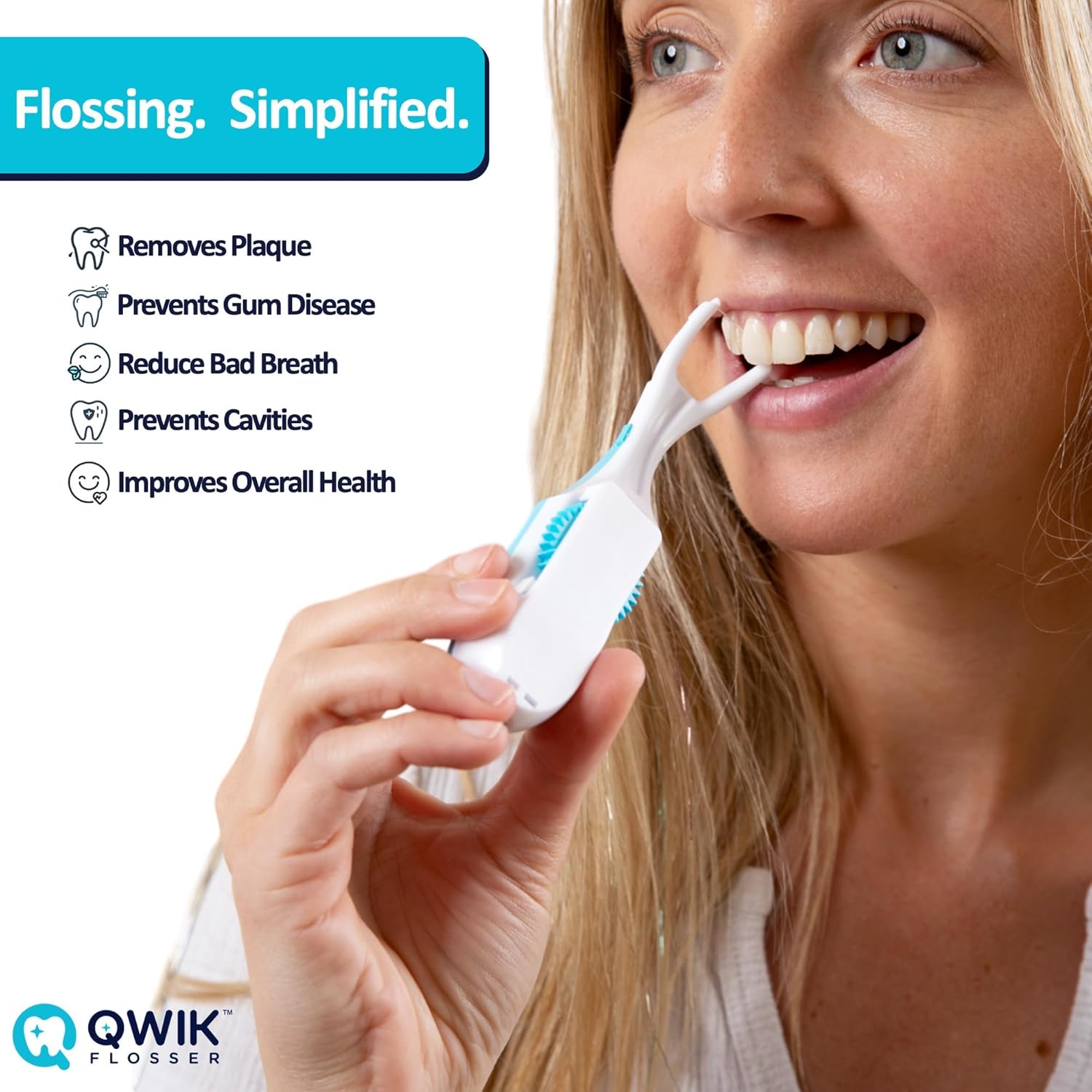 QWIK Automatic Dental Flosser | Click-to-Use, Reusable & Refillable | Pre-Loaded Floss with Travel Cover | Easy Flossing for Plaque Removal, Clean Teeth & Fresh Breath (Light Blue)