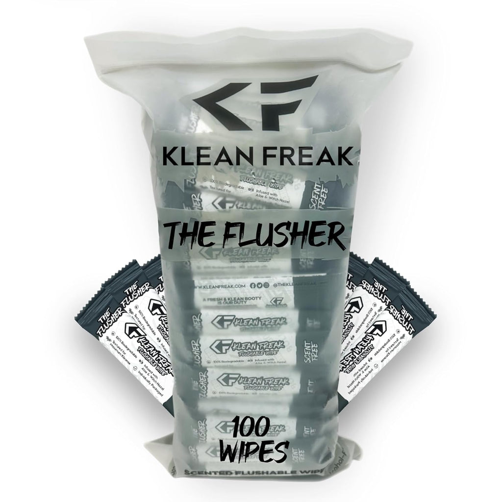 THE KLEAN FREAK FLUSHER - 100 Pack FLUSHABLE WIPES Flushable Wipes For Adults & Kids Unscented/Scented - 100% BIODEGRADABLE Individual Wrapped Travel WET Wipe for Toilet - Scent Free