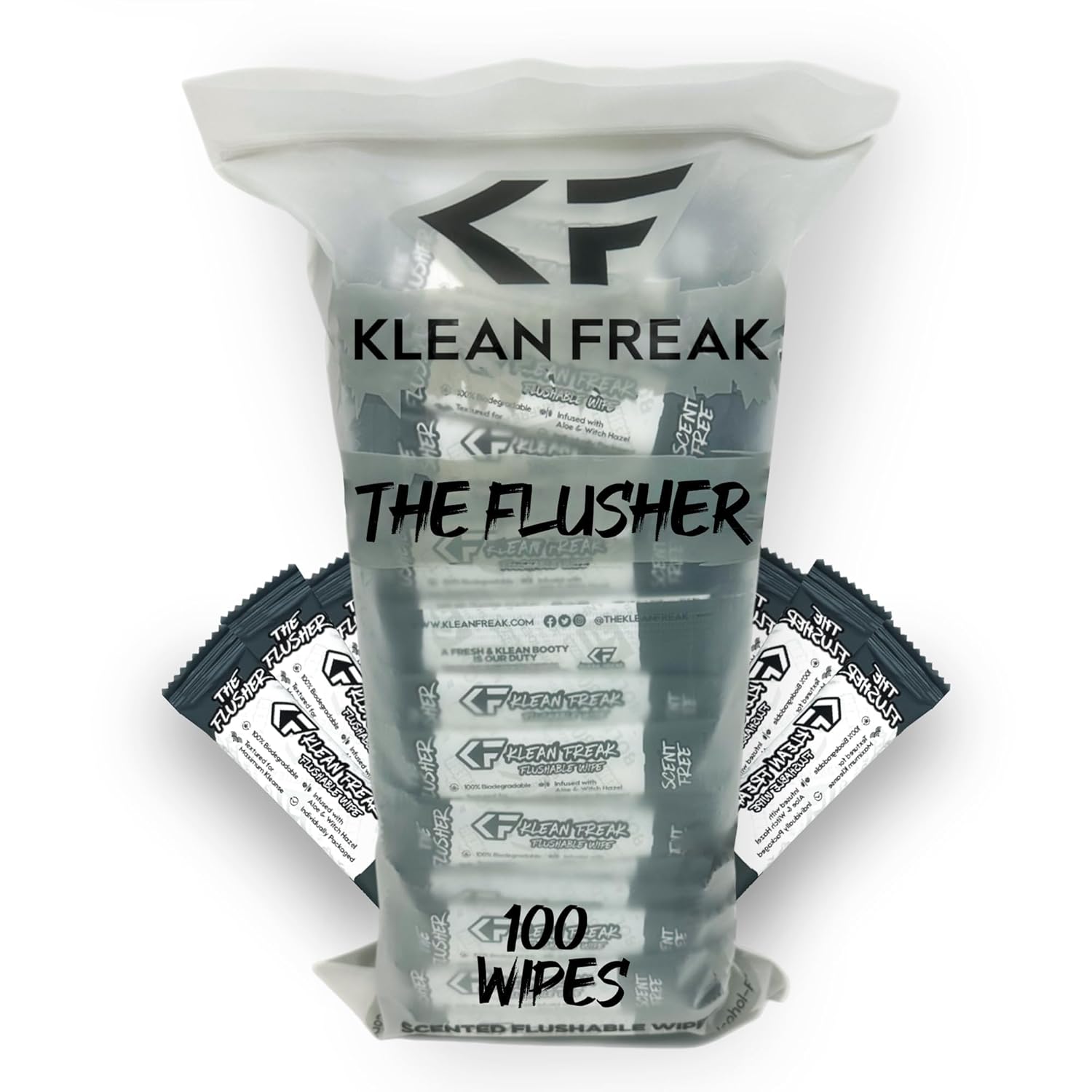 THE KLEAN FREAK FLUSHER - 100 Pack FLUSHABLE WIPES Flushable Wipes For Adults & Kids Unscented/Scented - 100% BIODEGRADABLE Individual Wrapped Travel WET Wipe for Toilet - Scent Free