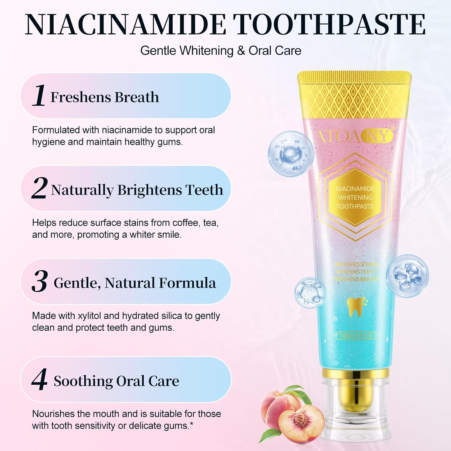 Niacinamide Whitening Toothpaste, 2 Pack Intensive Stain Removal Toothpaste for Yellow Teeth, Gum Care, Fresh Mint & Peach Breath, Tartar Control, Deep Clean for Men and Women, 3.5oz