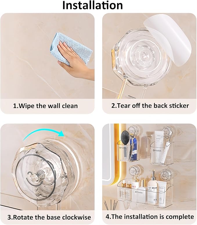 2-Pack Suction Cup Shower Caddy Set, Wall Mounted Suction Rack, Bathroom Shower Shelf Basket Set with Shower Organizer and Toothbrush Holder (No Drilling Required)