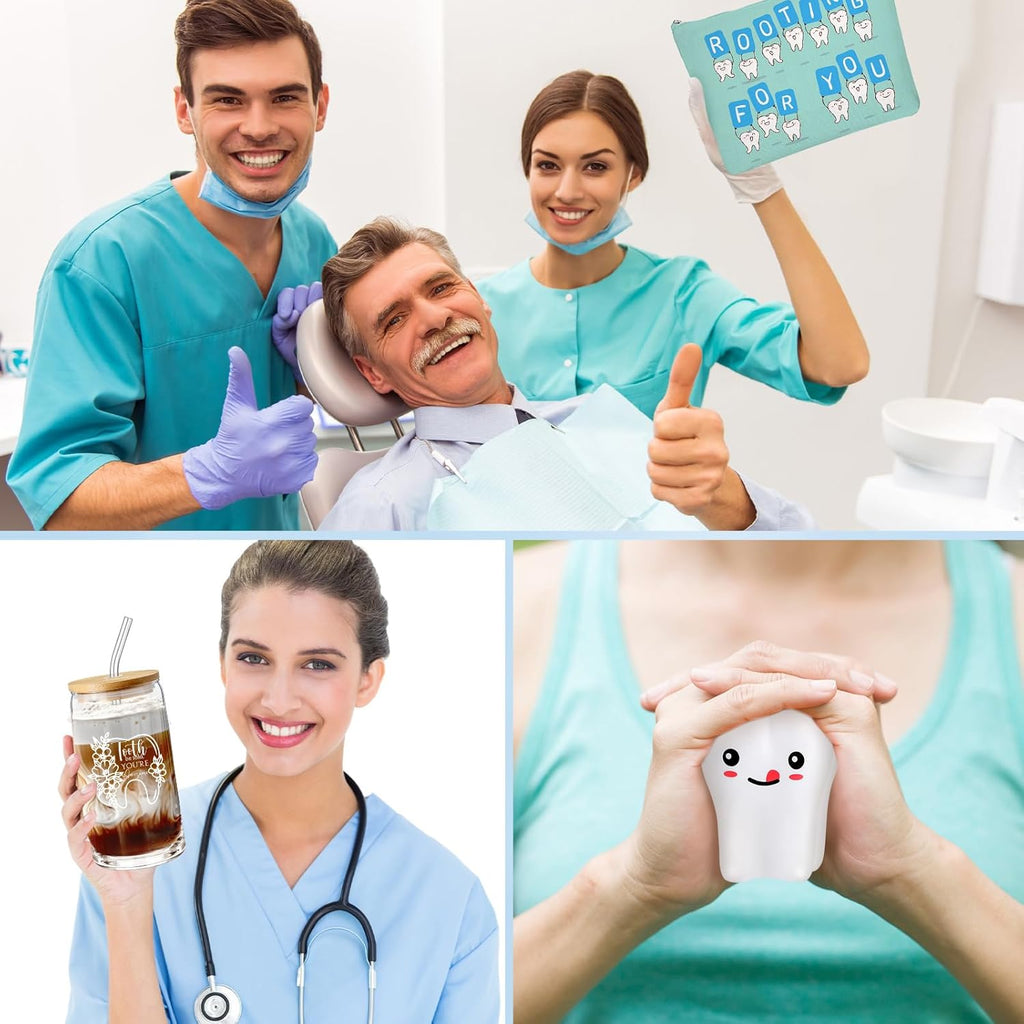 Sliner 3 Pcs Dental Hygiene Gifts Assistant Hygienist Gifts 16 oz Glass Cups Makeup Bag Teeth Stress Toy for Women Coworkers Nurse Dentist Retirement Graduation Christmas Birthday Gift(Multicolor)