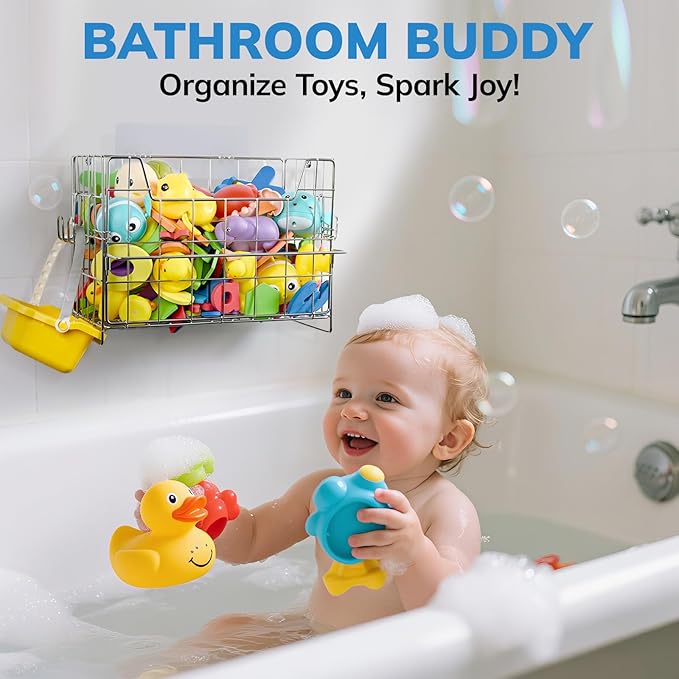Umimile 304 Stainless Steel Bath Toy Holder - 8.6L Rustproof Baby Bathtub Toy Storage with Quick-Dry Drain Holes, Mold Resistant Design for Toys/Shampoo, 3-Way Mount (Wall, Hanging, Stand)