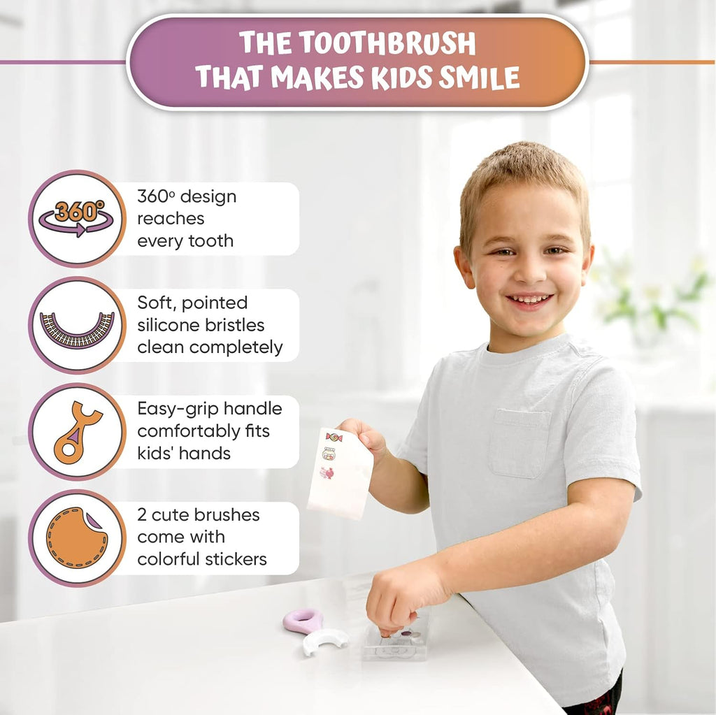 Kids' U Shaped Toothbrush Age 2-6 - Two Premium Soft Toothbrushes Come with 2 Travel Cases - Sensory Toothbrush - Round Silicone Toothbrush Head Makes Brushing Fun & Easy - 1 Purple, 1 Yellow