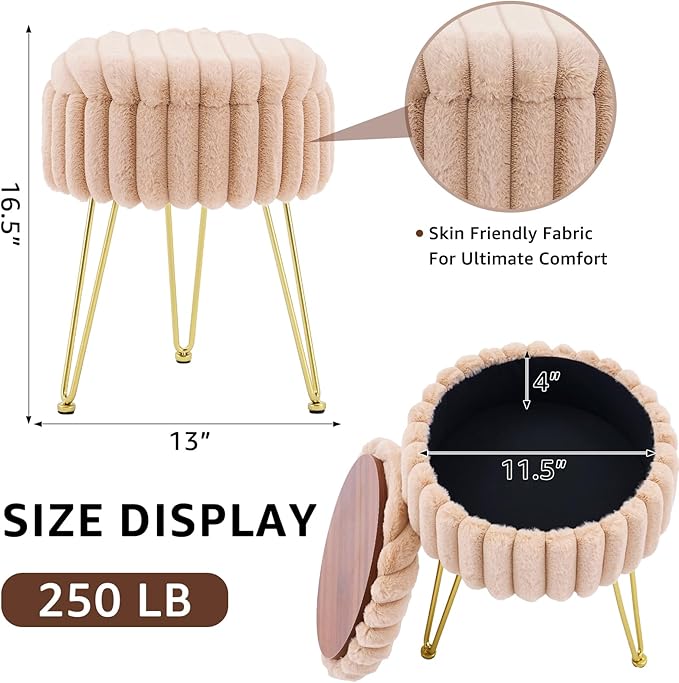 Wimarsbon Vanity Stool with Storage, Faux Fur Ottoman Chair with Metal Legs, Round Makeup Vanity Chair for Bedroom or Dressing Table, Modern Small Ottoman Seat (Beige)