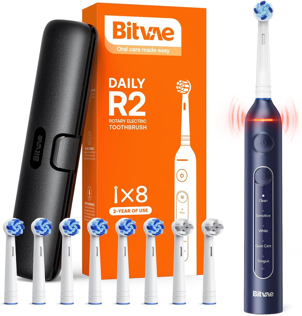 Bitvae R2 Rotating Travel Electric Toothbrush, 8 Professional Brush Heads, Carrying Case, 5 Teeth Care Modes, Pressure Alerts to Prevent Gum Injury, Long Duration