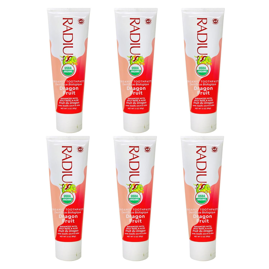 RADIUS USDA Organic Kids Toothpaste 3oz Non Toxic Chemical-Free Gluten-Free Designed to Improve Gum Health for Children's 6 Months and Up - Dragon Fruit - Pack of 6