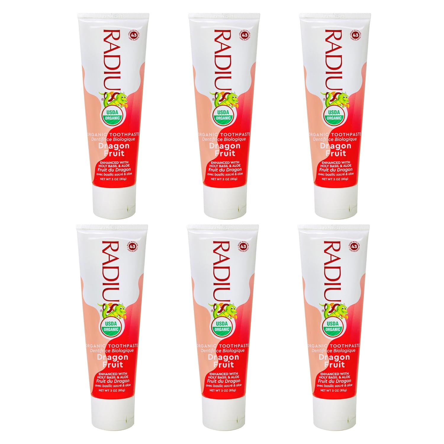 RADIUS USDA Organic Kids Toothpaste 3oz Non Toxic Chemical-Free Gluten-Free Designed to Improve Gum Health for Children's 6 Months and Up - Dragon Fruit - Pack of 6