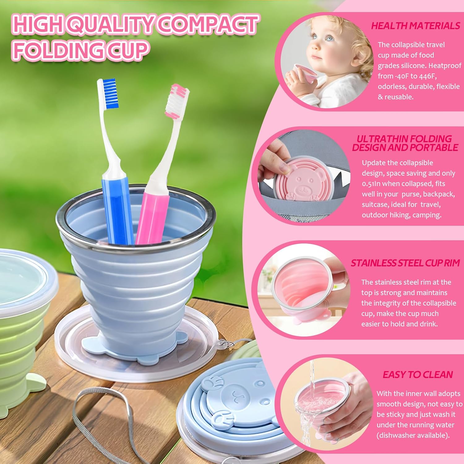 Toothbrush Travel Case, Travel Toothbrush Silicone Collapsible Toothbrush Cup, Travel Toothbrush Set Suitable for Business Camping Travel or Daily Use (Pink)