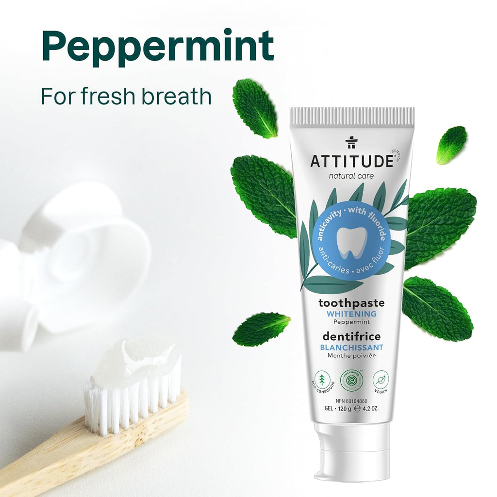 ATTITUDE Whitening Toothpaste with Fluoride, Peppermint Flavor, Vegan & Cruelty-Free, Sugar-Free, Plant & Mineral-Based Ingredients, Clean Oral Care, 4.2 Oz