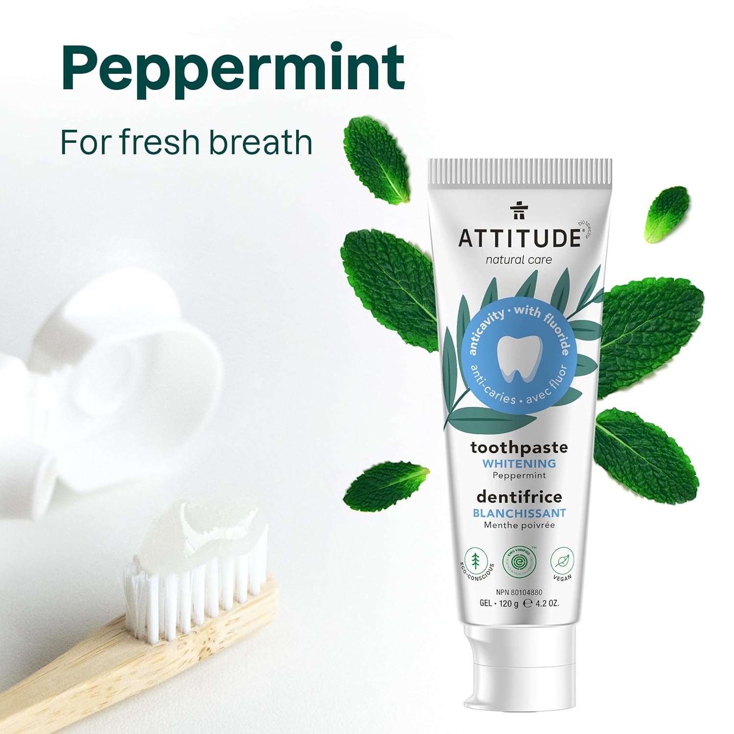 ATTITUDE Whitening Toothpaste with Fluoride, Peppermint Flavor, Vegan & Cruelty-Free, Sugar-Free, Plant & Mineral-Based Ingredients, Clean Oral Care, 4.2 Oz