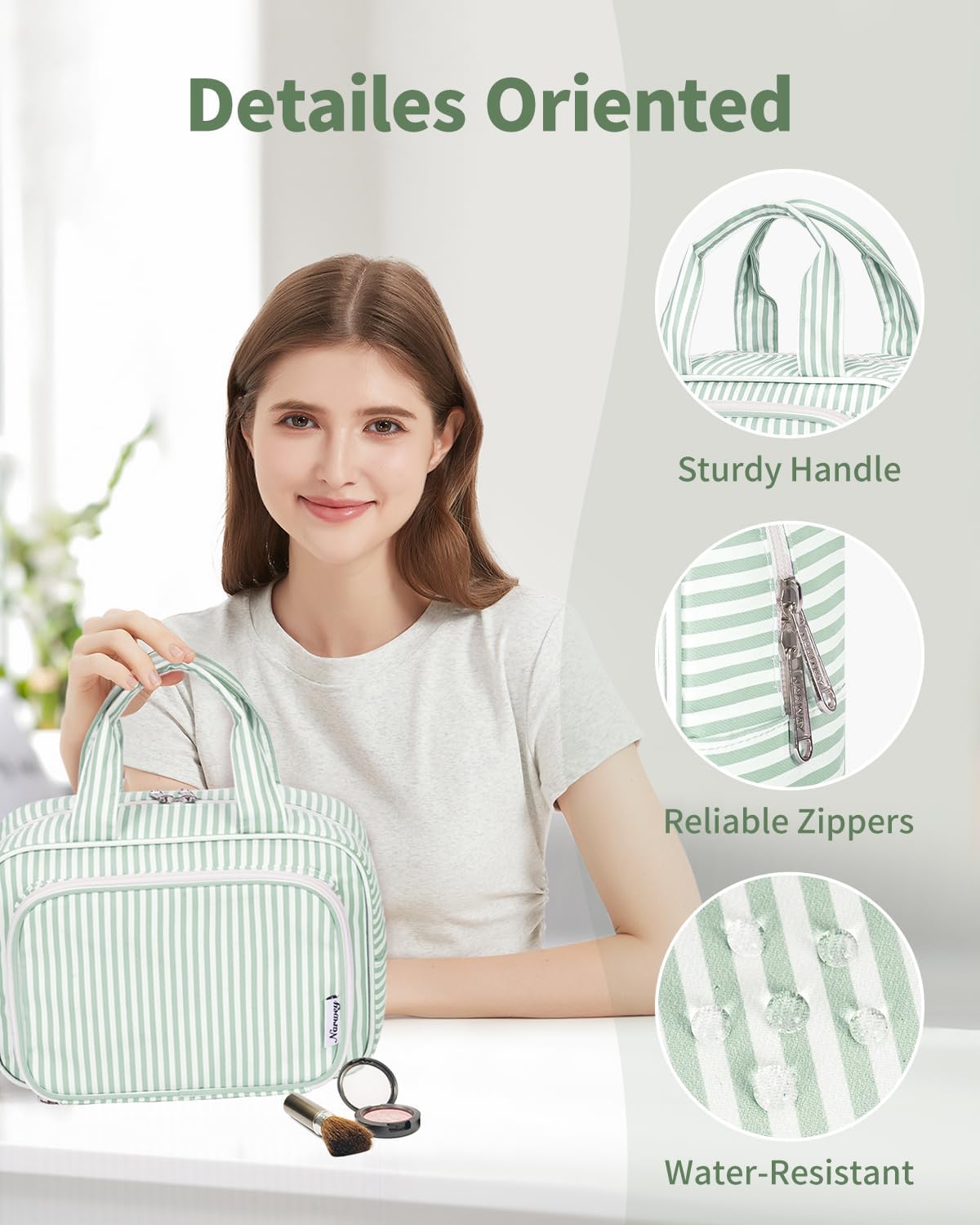 Narwey Large Travel Toiletry Bag for Traveling Women, Cosmetic Makeup Bag Make Up Organizer, Striped Travel Bag for Toiletries with Handle (Mint Green Stripe)