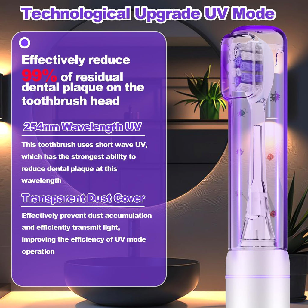 Metal Electric Toothbrush with UV Mode, Vibration and Oscillation Electric Toothbrush for Adults, 6 Brush Heads & Travel Case & Dust Cover, 5 Modes & Built in Timer, One Charge Last 120 Day（Sliver）