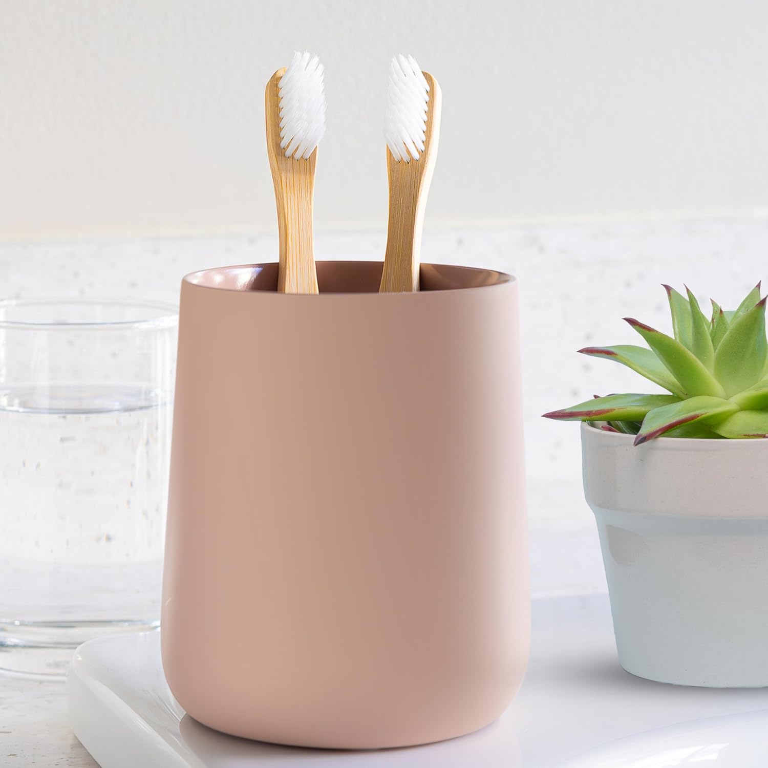 Matte Dusty Pink/Mauve Toothbrush and Toothpaste Holder and Cup for Bathroom Vanity and Countertop, Round Organizer for Electric Toothbrushes, Floss, Razors, Cotton, and Mouthwash