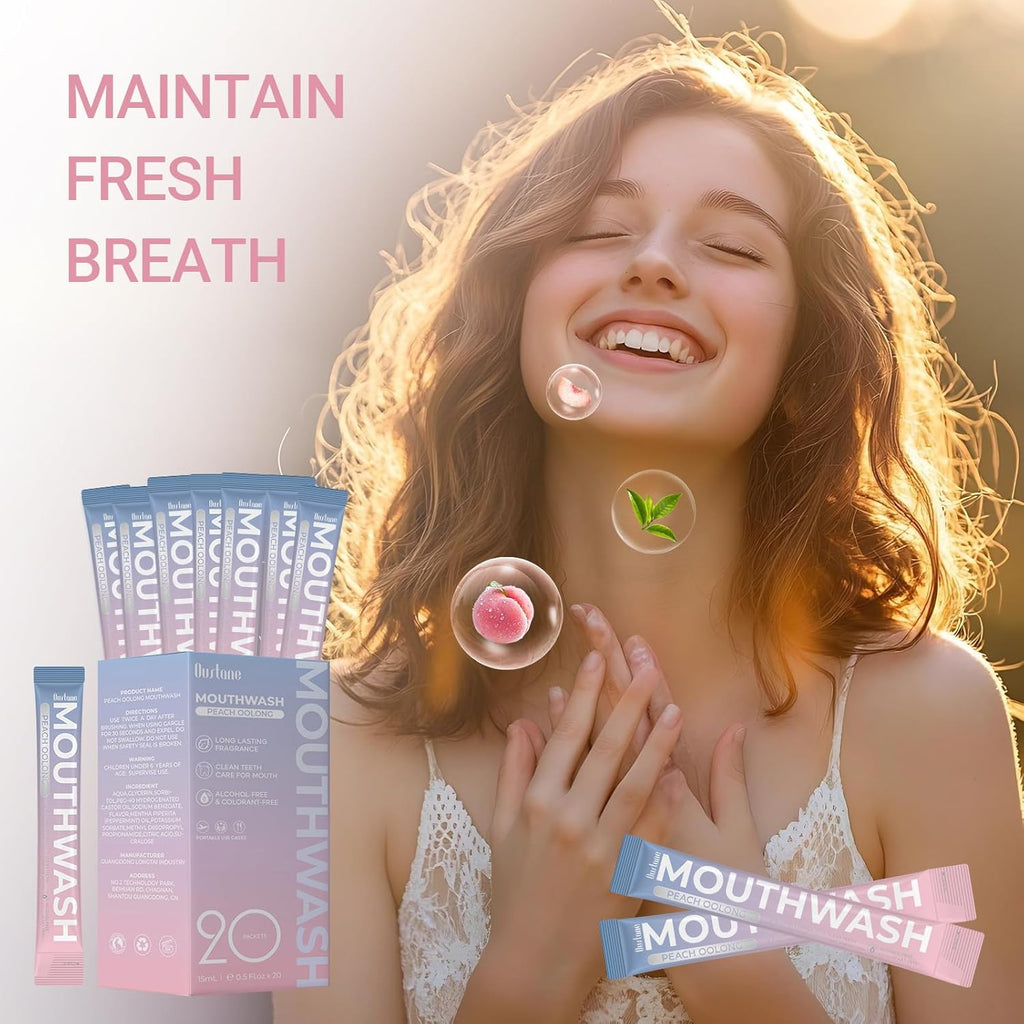 Protable Mouthwash Packets for Travel, Peach Oolong-Tea Flavor, Alcohol-Free, Non-Burning, 15ml/pcs 30 Single Use, TSA Approved for On-The-Go Fresh Breath, Perfect for Work, Gym& Date