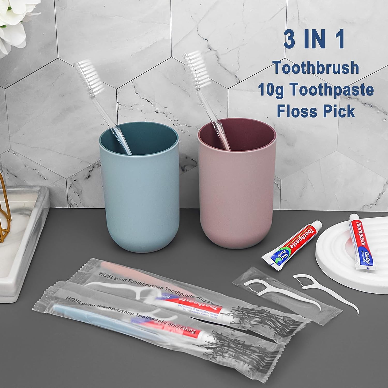 100pcs Disposable Toothbrushes with Toothpaste Floss Individually Wrapped, 2 Color Disposable Toothbrush, 10g Toothpaste, Floss Pick, Bulk Toothbrush Kit for Homeless,Airbnb,Hotel