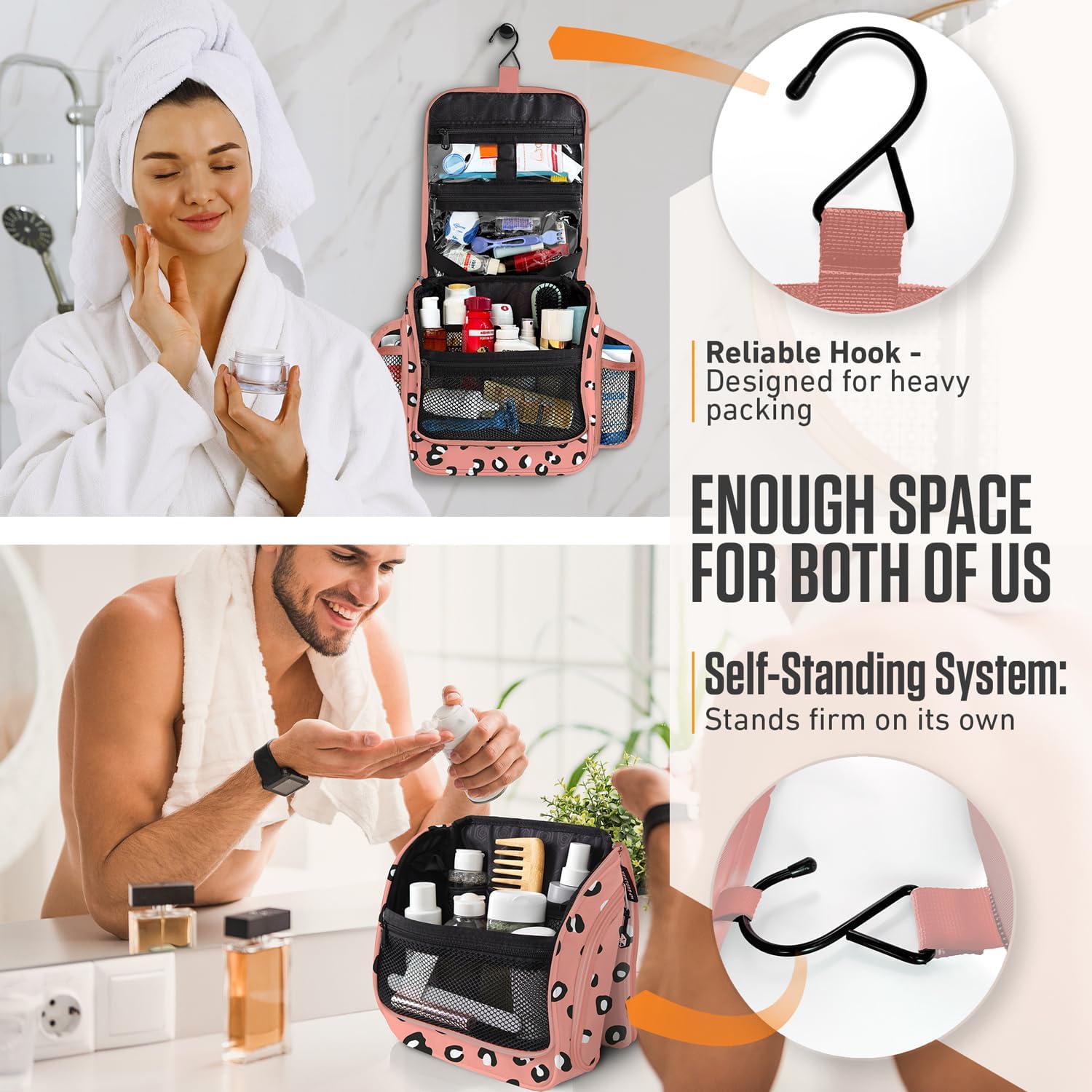 VENTURE 4TH Hanging Travel Toiletry Bag for Women & Men - Travel Organizer with Expandable Compartments & Removable Clear Pouch for Toiletries (Pink Cheetah)