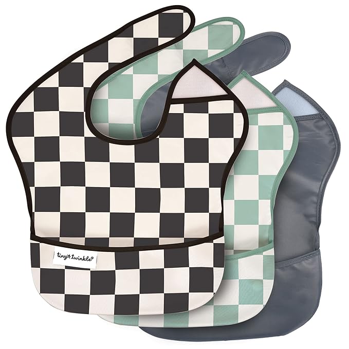 Tiny Twinkle Mess-Proof Baby Bibs for Eating | Waterproof, Wipeable Toddler Bibs with Catch-All Pocket | Feeding Bibs for Girls & Boys(3 Pack,Checkers Boy)