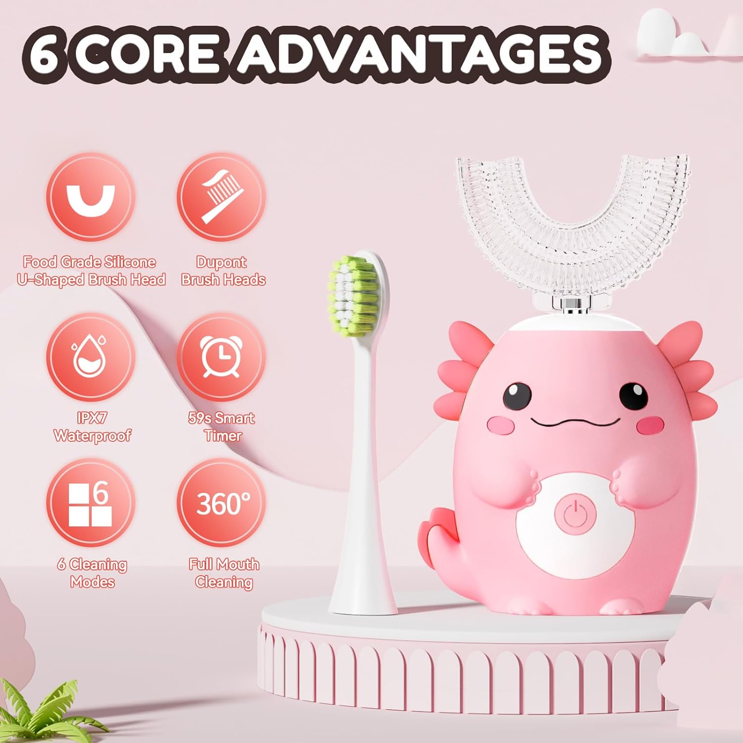 Kids Electric U Shaped Toothbrush - Axolotl Kids Sonic Toothbrush with 6 Brush Head Automatic Rechargeable 6 Cleaning Modes Full Mouth Cleaning-Pink