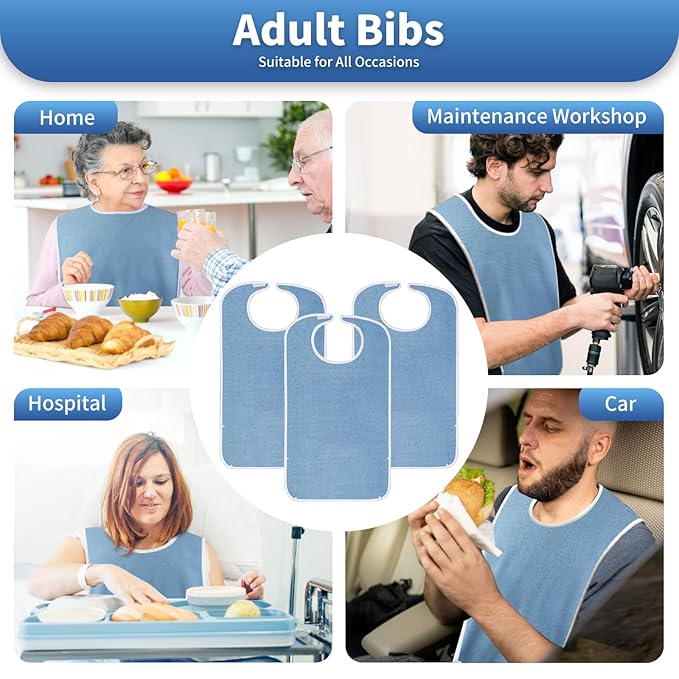 3 Pack Premium Unisex Adult Bibs for Elderly Women Men, Waterproof Bib for Eating, Adjustable and Washable (Blue)