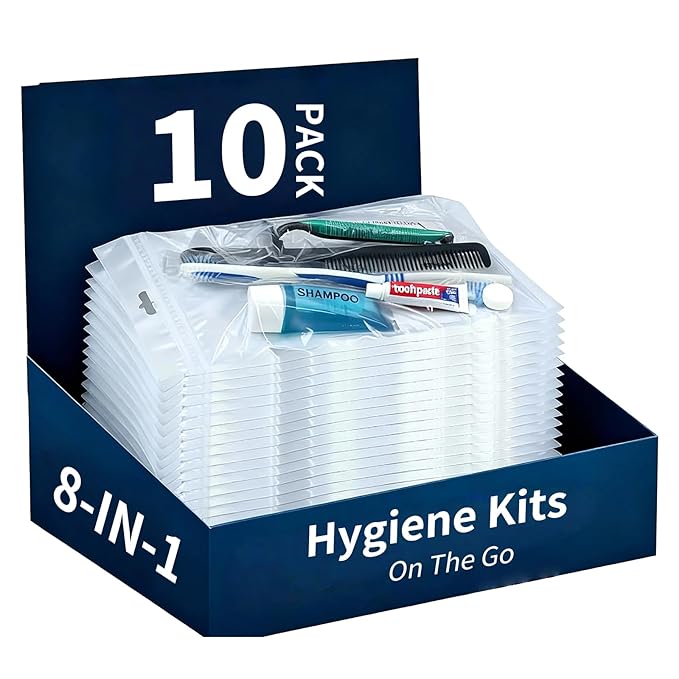 10 Pack Travel Hygiene Kits, 8-in-1 Personal Toiletry Kit -Toothbrush, Toothpaste, Comb, Flossers, Shampoo, Soap, Razor & Shaving Cream, Individually Packed for Travel, Guest Rooms,Vacation Rentals