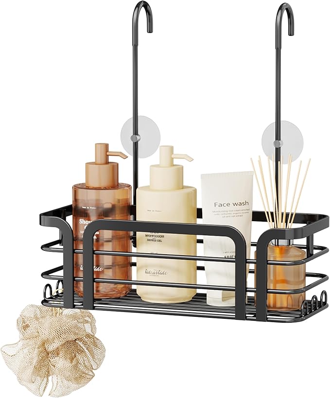 SWTYMIKI Shower Caddy Hanging Organizer - Over the Door Shower Caddy with 6 Hooks, 2 Installation Ways, Stainless Steel Rustproof Bathroom Organizer, Black
