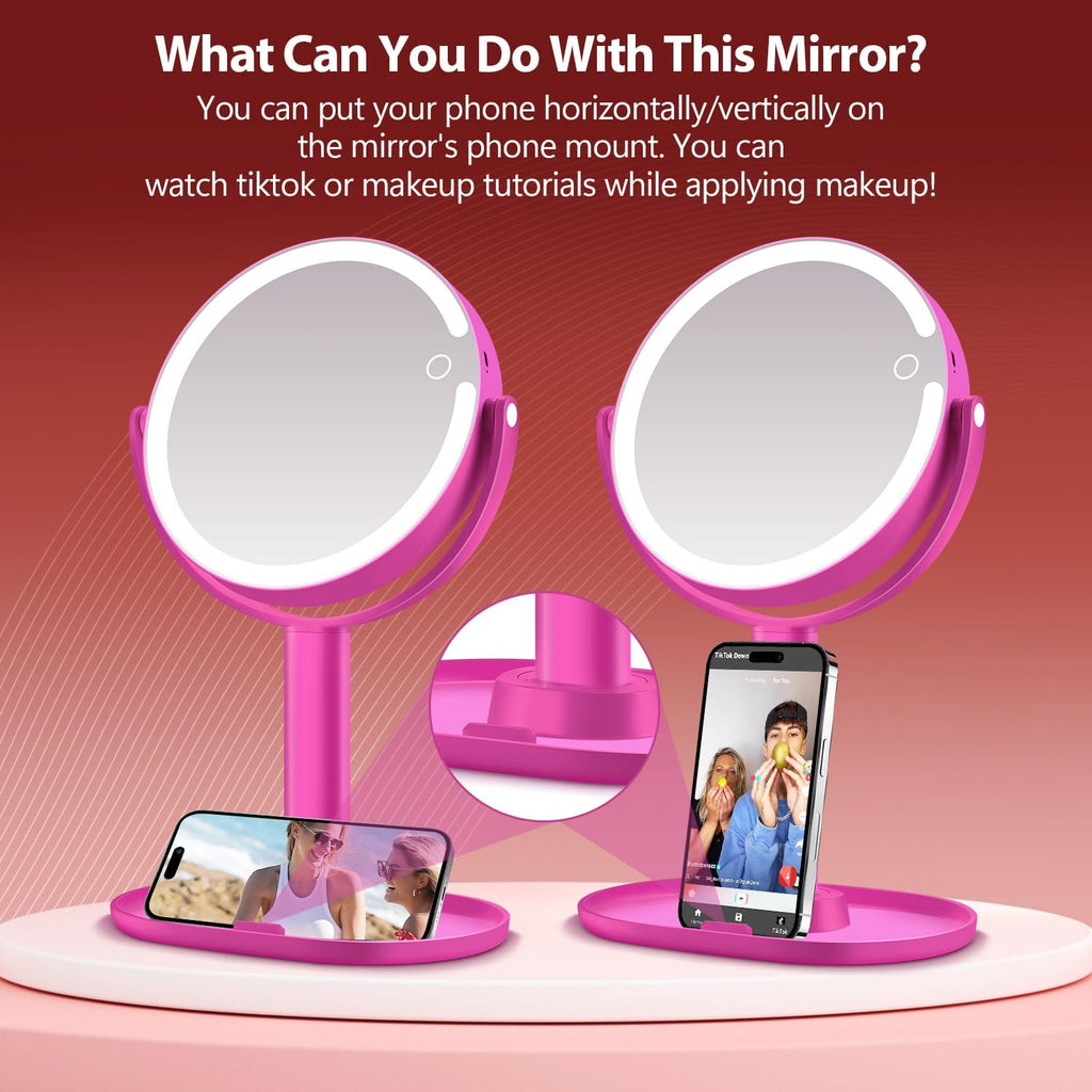 MIYADIVA Makeup Mirror with Lights, 20X Magnifying Mirror with Light and Touch Switch, 2-Sided Vanity Mirror with 3 Color and 80 LEDs, Hot Pink