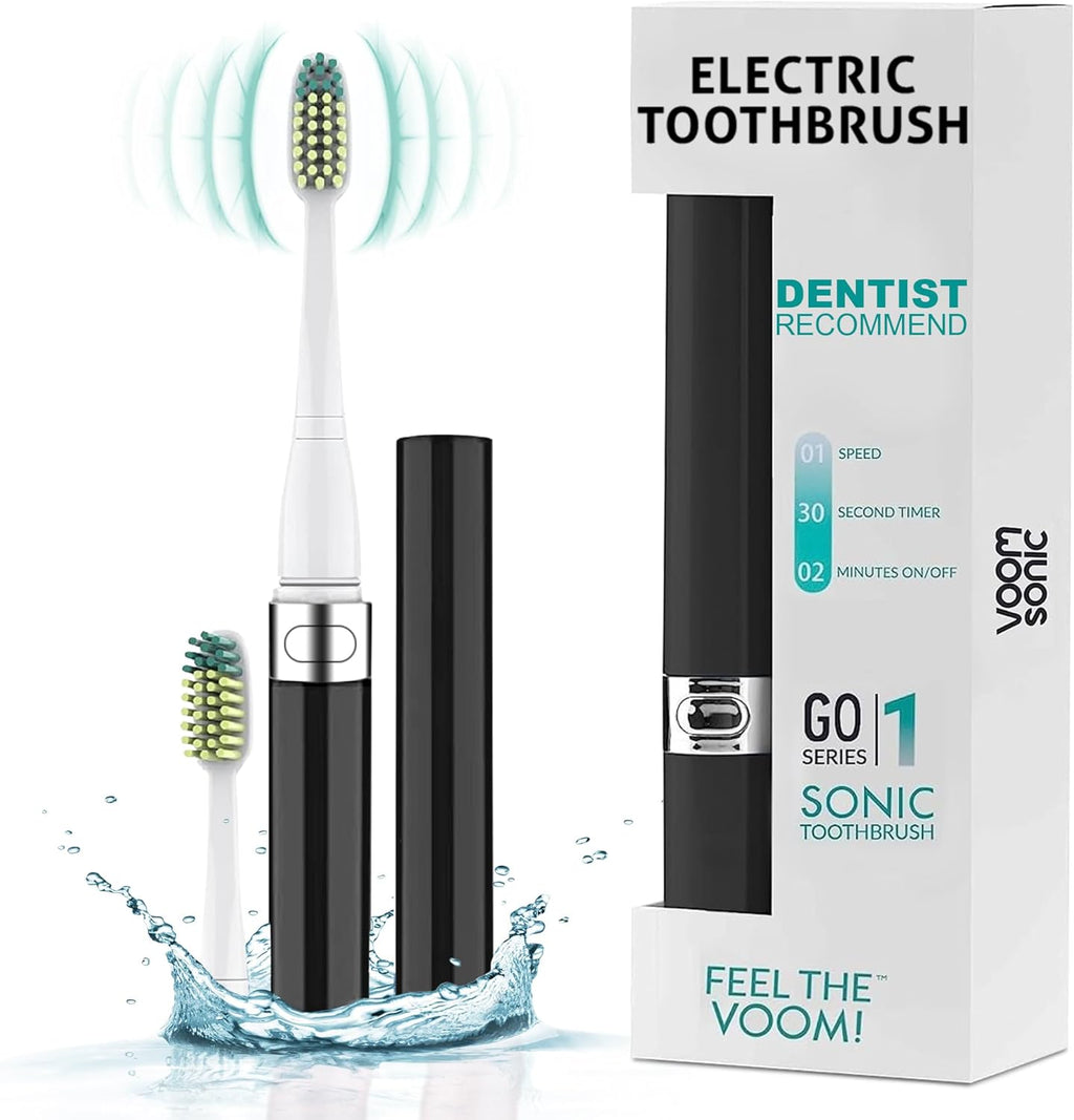 Voom Sonic Go 1 Series Travel Electric Toothbrush | Travel Toothbrushes - Battery Operated Toothbrush for Adults & Kids, Dentist Recommended Toothbrush, Portable w/ 2 Minute Timer (Black)